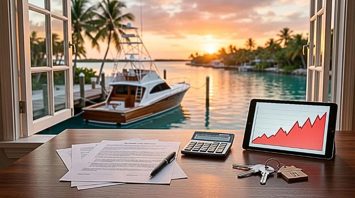 Mortgage paperwork, calculator, and house keys on a desk overlooking a Florida Keys canal, with a rising rate chart on a tablet