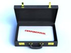 Open briefcase with a file stamped confidential inside