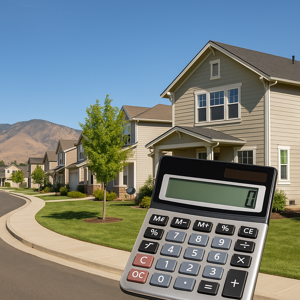 &ldquo;Carson City Nevada neighborhood with mountain views and a calculator representing mortgage affordability
