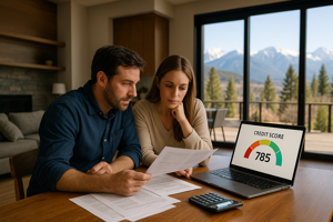 Couple reviewing their credit score and mortgage paperwork at a kitchen table with a laptop open, financial documents spread out, and large windows showing mountain scenery in a modern Carson-Tahoe home