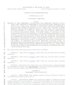 Idaho House Bill 628 Homeowner's Association Act of 2022
