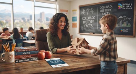 Child giving a teacher behind a desk a small house. 