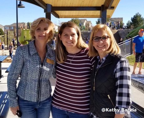 Kathy Barela and Francoise Bergan for Aurora City Council Pose for Photos at Wheatlands Playground Grand Opening 