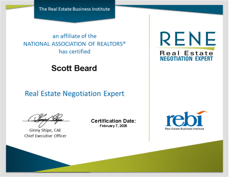 Scott Beard Real Estate Negotiation Exper (RENE) Certificate of Completion 