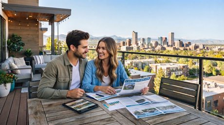 Young Couple Shopping For a House Online With Views of Denver Colorado in the Background