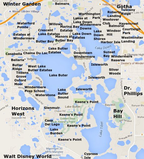 Windermere neighborhood map showing Isleworth, Keene's Pointe, and Summerport