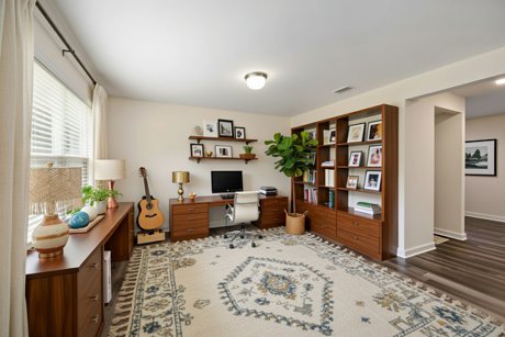 Bright home office with window view and minimal decor