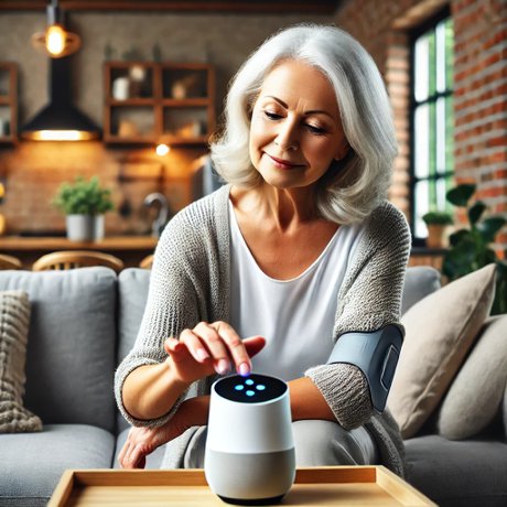 Elderly woman using smart home assistant