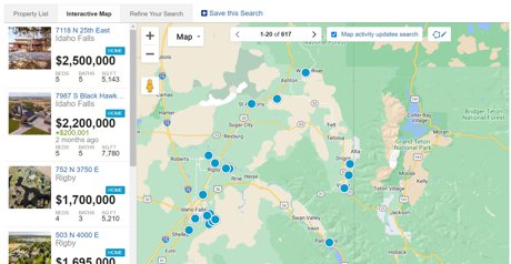 Idaho MLS search results in map format.