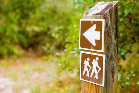 Hiking trail sign marking a trail near Clemson, SC.