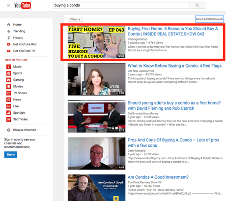Buying A Condo #1 Ranking On Youtube - Screenshot of Darin Persinger, Real Estate Expert #1 Rankining