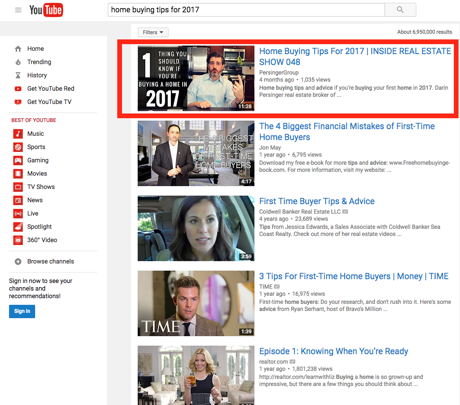 Home Buying Tips #1 Ranking On Youtube - Screenshot of Darin Persinger, Real Estate Expert #1 Rankining