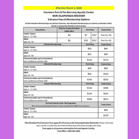 Founders Park Islamorada non-resident entrance fees and membership rates effective March 2026
