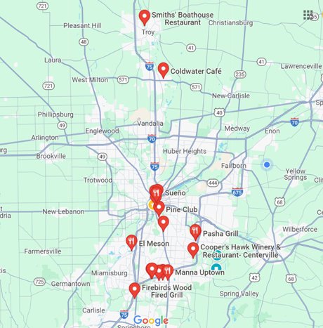 Map of Best Valentine Day Restaurants in Dayton Ohio Area