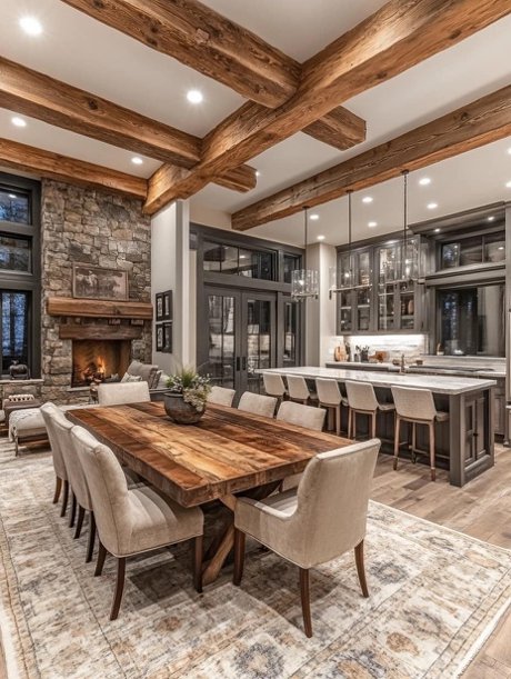 Open-concept luxury home with dining room, kitchen, and living area featuring stone fireplace, exposed wooden beams, and expansive windows in Dayton, Ohio.