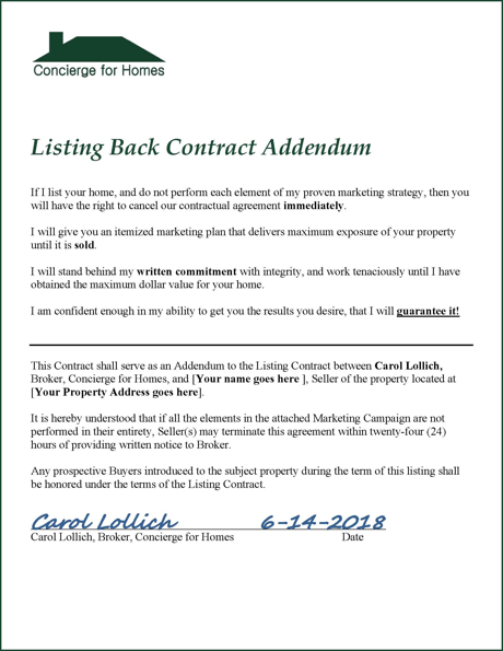 Listing Back Contract Addendum with 100% Satisfaction Guarantee
