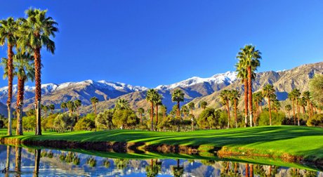 Sunset over San Jacinto mountian and desert willow golf course in Palm Desert