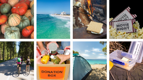 photo collage with pumpkins, movie tickets, bike riders, donation box, the beach, smores, a tent on the beach, & storage box