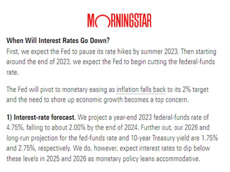 Morningstar thinks FED rates could fall by as much as 2% by the end of 2023