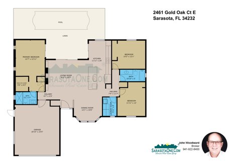 Branded floor plan for the three-bedroom two-bath home at 2461 Gold Oak Ct E