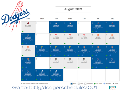 LA Dodgers August Schedule