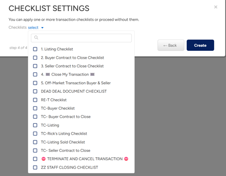 Brokermint - Checklist selection screen