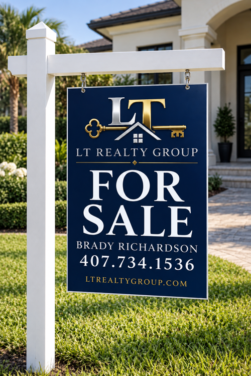 LT Realty Group For Sale sign with Brady Richardson's phone number, 407.734.1536