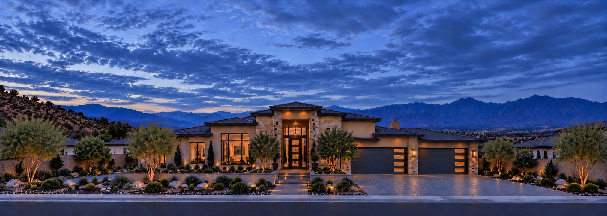 AI-generated illustration of a single-story Las Vegas home at dusk with illuminated landscaping