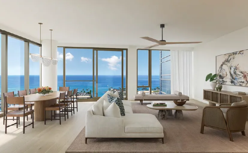 Mahana planned ocean-view living and dining room - developer rendering