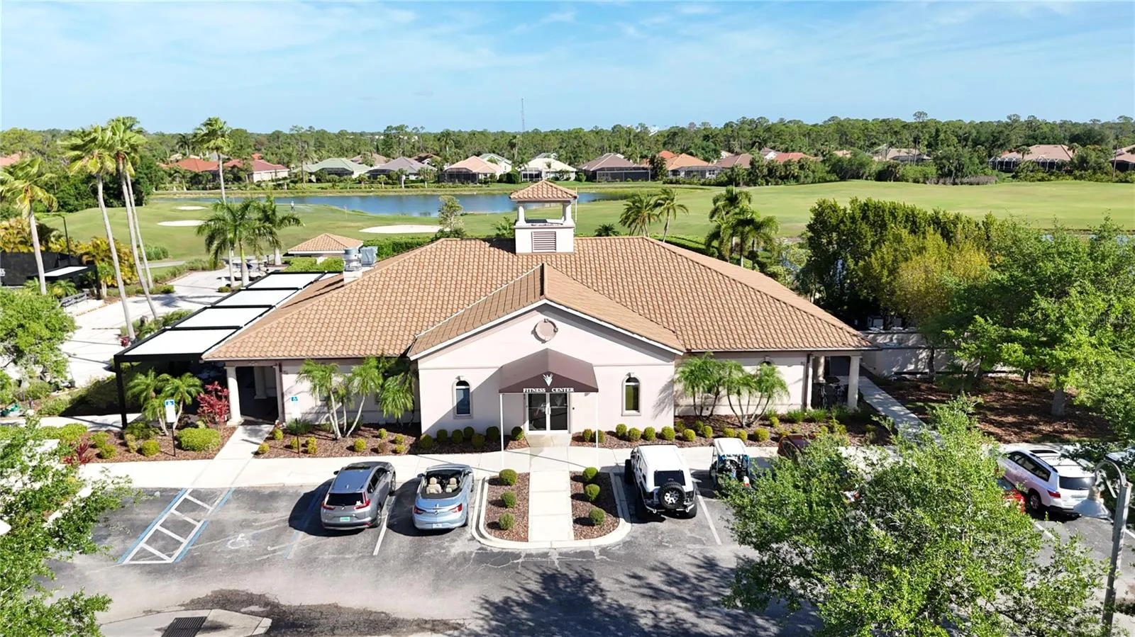 Heron Creek pool, tennis courts and clubhouse from above