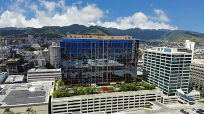 One Ala Moana Aerial View from the ocean side of the building looking back at One Ala Moana and the Koolau Mountains