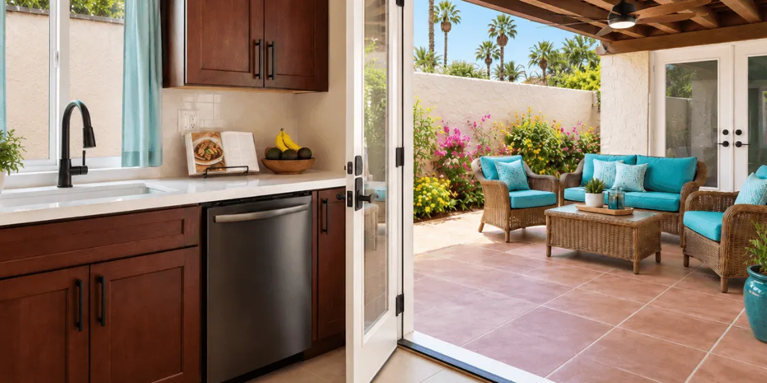 modern kitchen with  black cherrywood cabinets and black fixtures. double door with glass opened up to courtyard patio with wicker patio furniture and aqua cushions. the backyard wall is about 10 feet and off white with a flower garden bordering it
