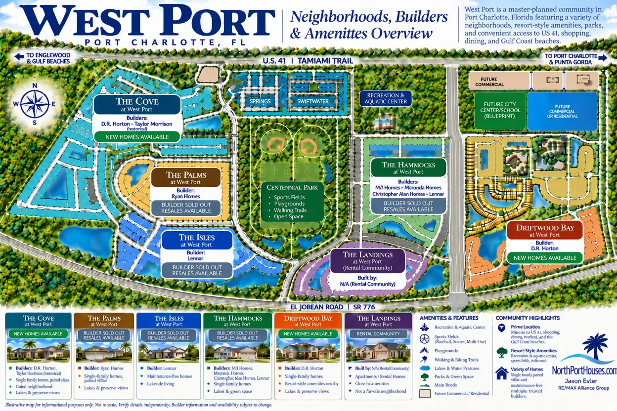 Illustrated map of West Port neighborhoods and amenities in Port Charlotte