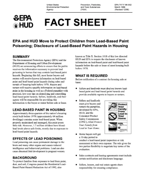 HUD and EPA Lead Based Paint Fact Sheet