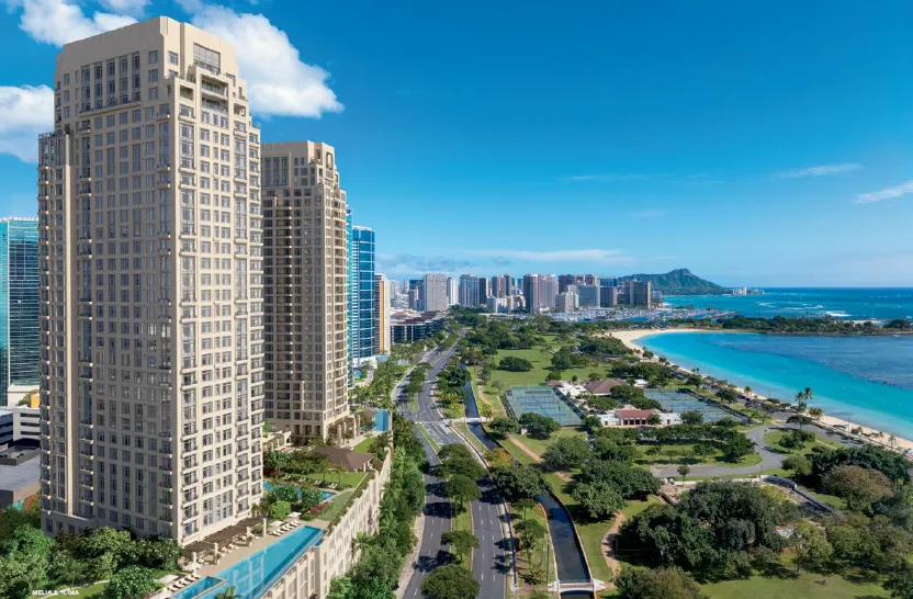 Melia and Ilima planned towers beside Ala Moana Beach Park - architectural rendering