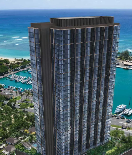 Kalae tower overlooking Kewalo Harbor and the Pacific Ocean - developer rendering