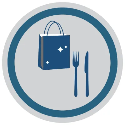 a shopping bag and utensils representing shopping and dining near optima camelview