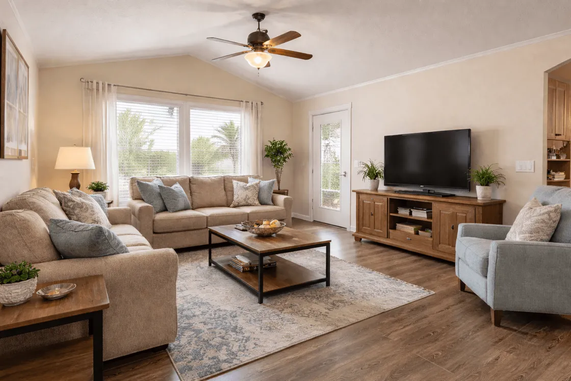 Living room inside a Phoenix 55+ manufactured home with vaulted ceilings and wood-style LVP flooring