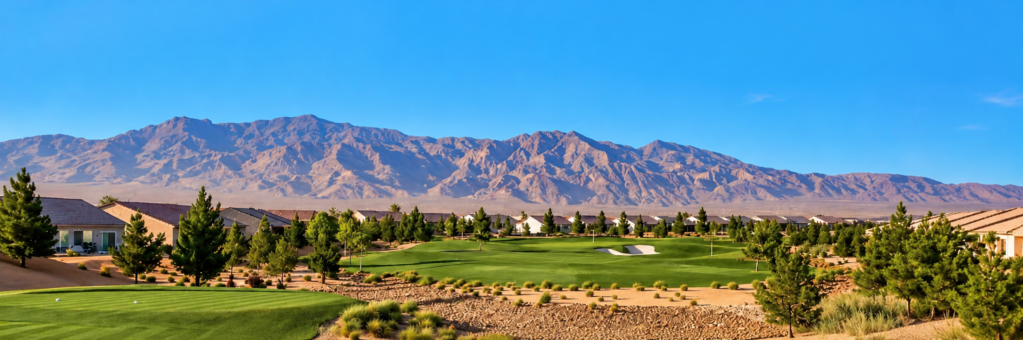 Golf course, desert landscaping and mountain views at a Las Vegas area 55+ community