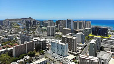 Aerial view of One Ala Moana showcasing the surrounding cityscape and ocean views
