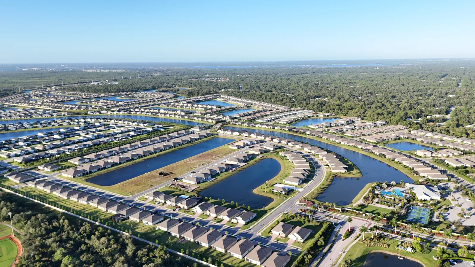 Aerial view of West Port homes and lakes in Port Charlotte Florida