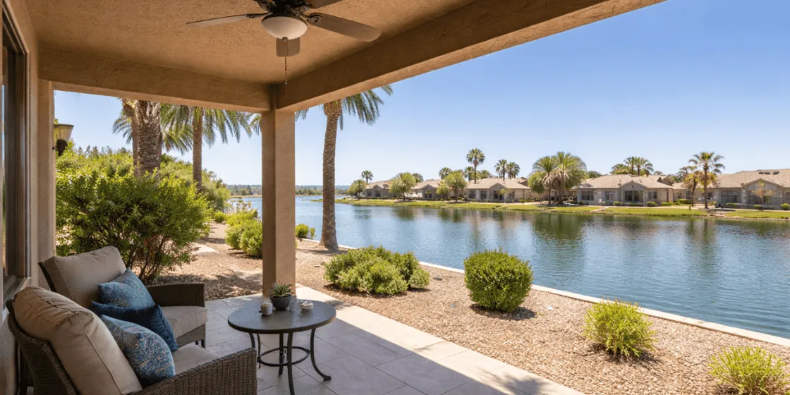 a back patio facing a lake in a chandler 55+ community
