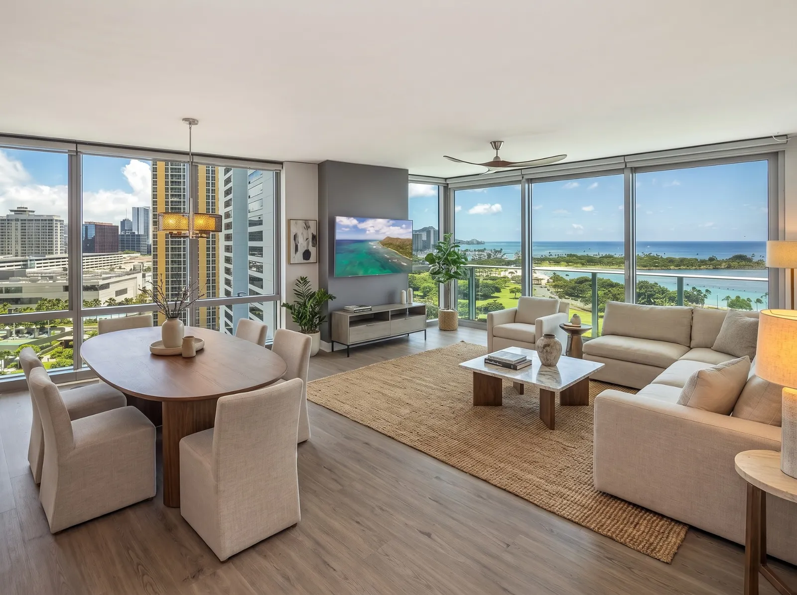 Living and dining areas in Hokua unit 15G with ocean and Ala Moana Beach Park views