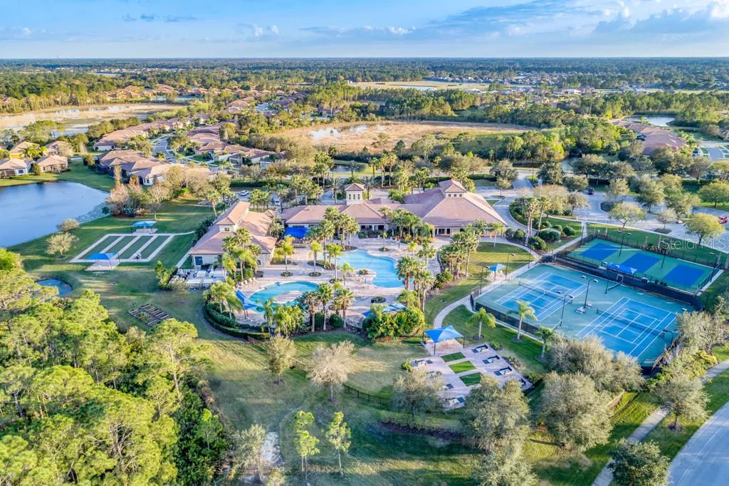 Clubhouse and amenities aerial at Cypress Falls North Port Florida