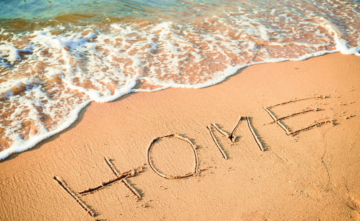 image of the word HOME written in the sand at the waters edge