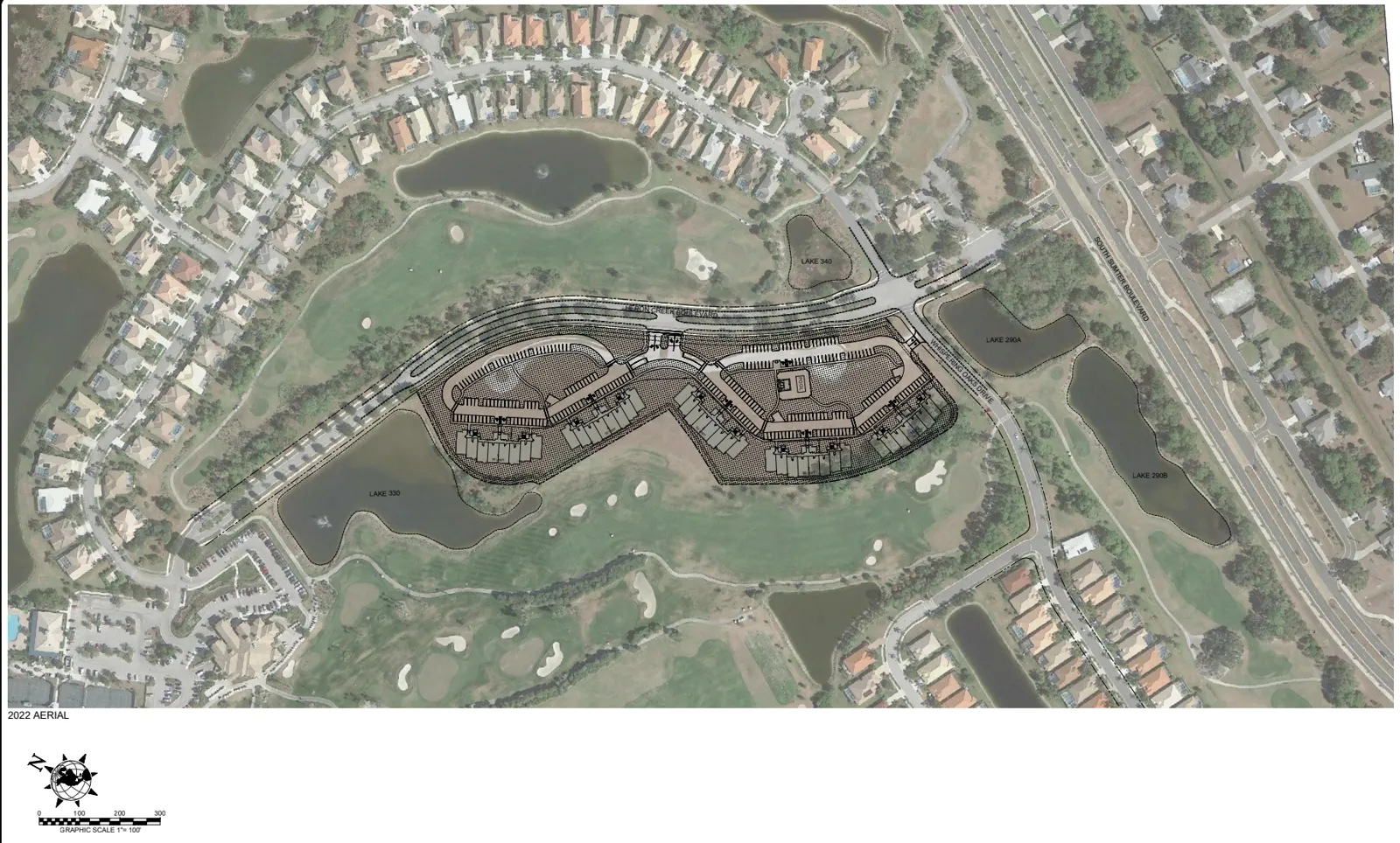2022 aerial with overlaid proposed Heron Creek Parcel K condominium site layout near the golf course