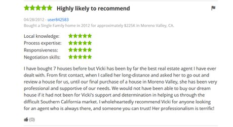 Zillow review for Vicki Pedersen, Pedersen Real Estate