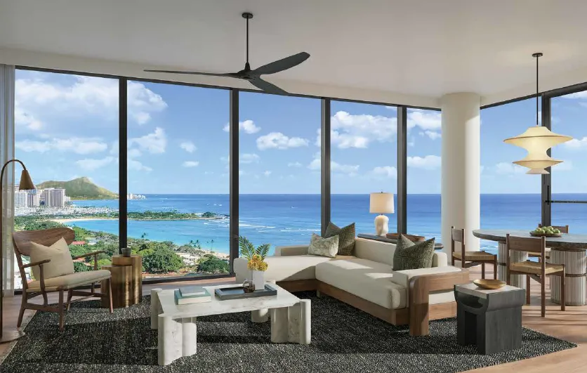 Kalae residence living room with ocean outlook - developer rendering