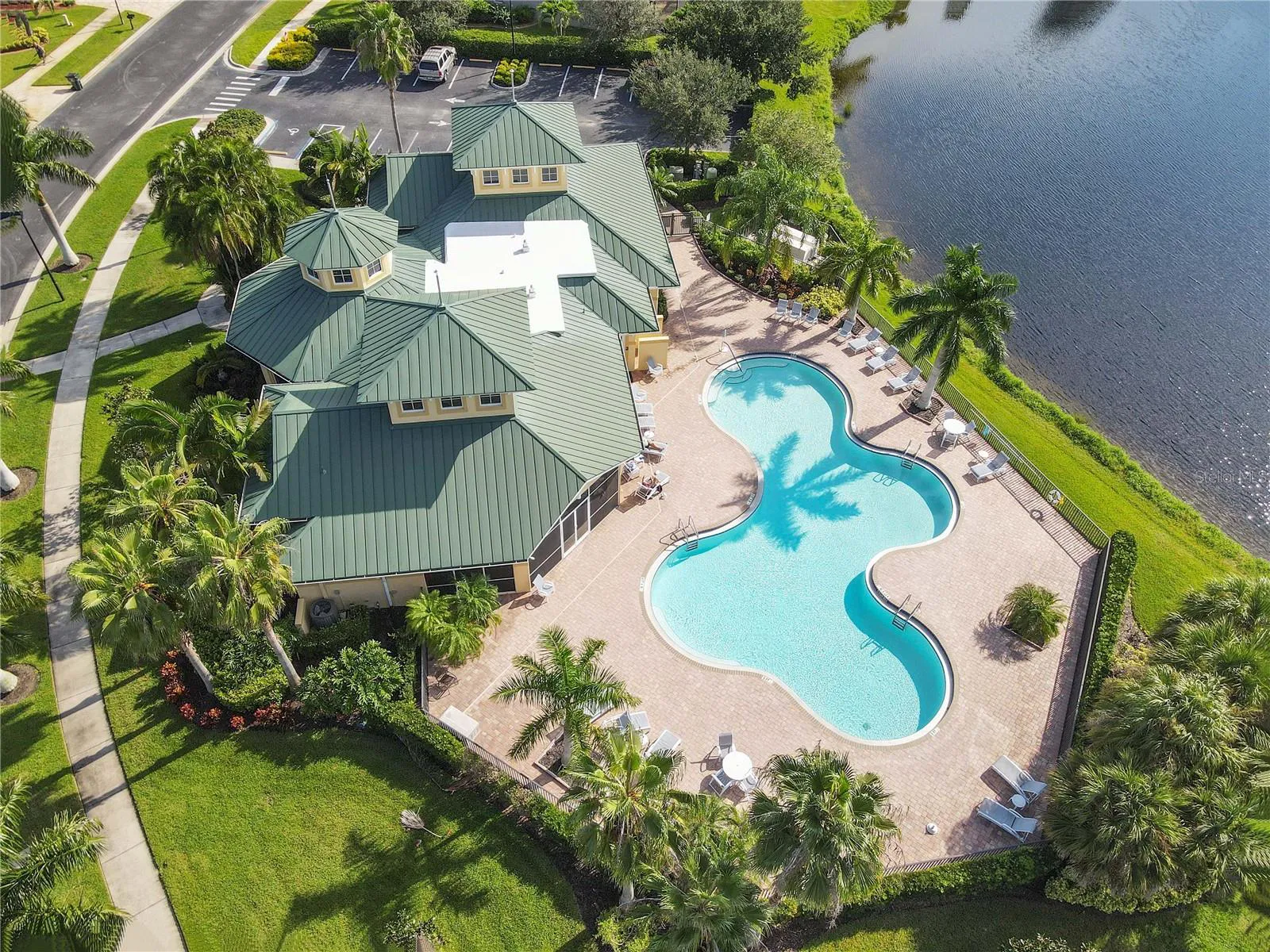 Aerial view of Talon Bay swimming pool and lake