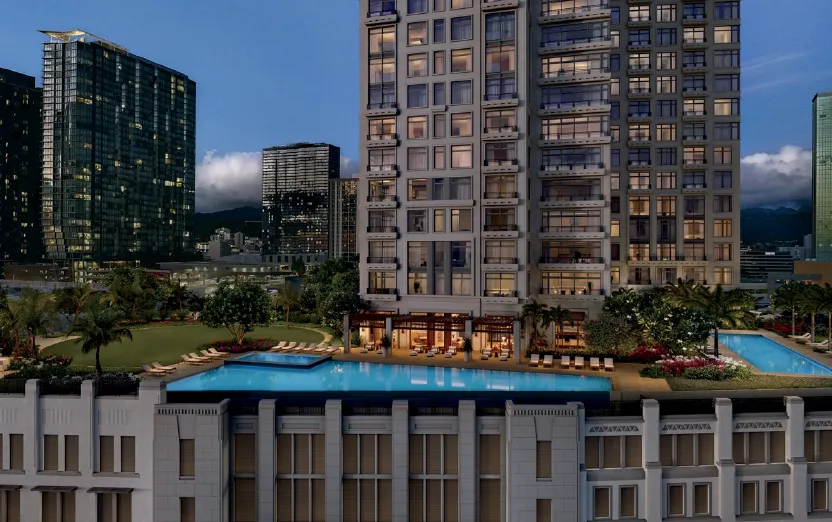 Melia proposed pool and amenity deck at dusk - architectural rendering